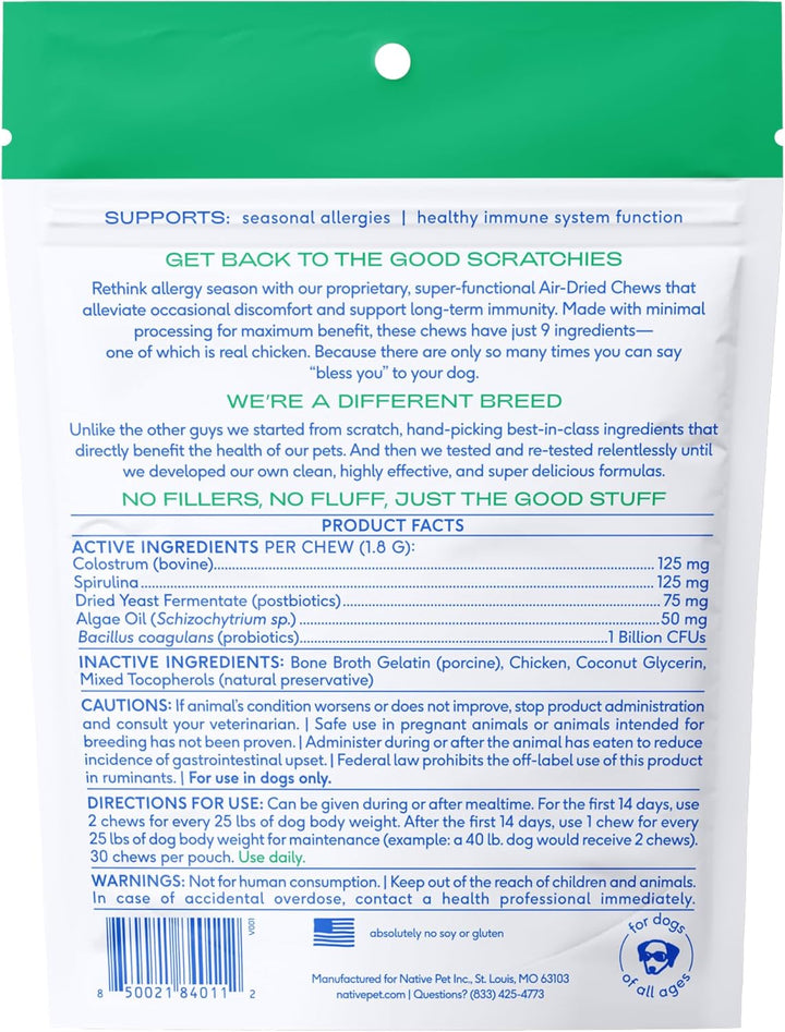 Dog Allergy Chews - Dog Allergy Relief with Probiotics and Colostrum for Itchy Skin Relief to Support Seasonal Allergy and Healthy Immune System - All Natural Anti-Histamine - 30 Chews
