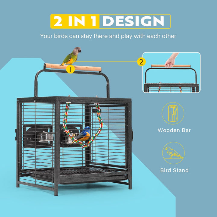 19 Inch Wrought Iron Bird Travel Carrier Cage for Parrots Conures Lovebird Cockatiel Parakeets Black