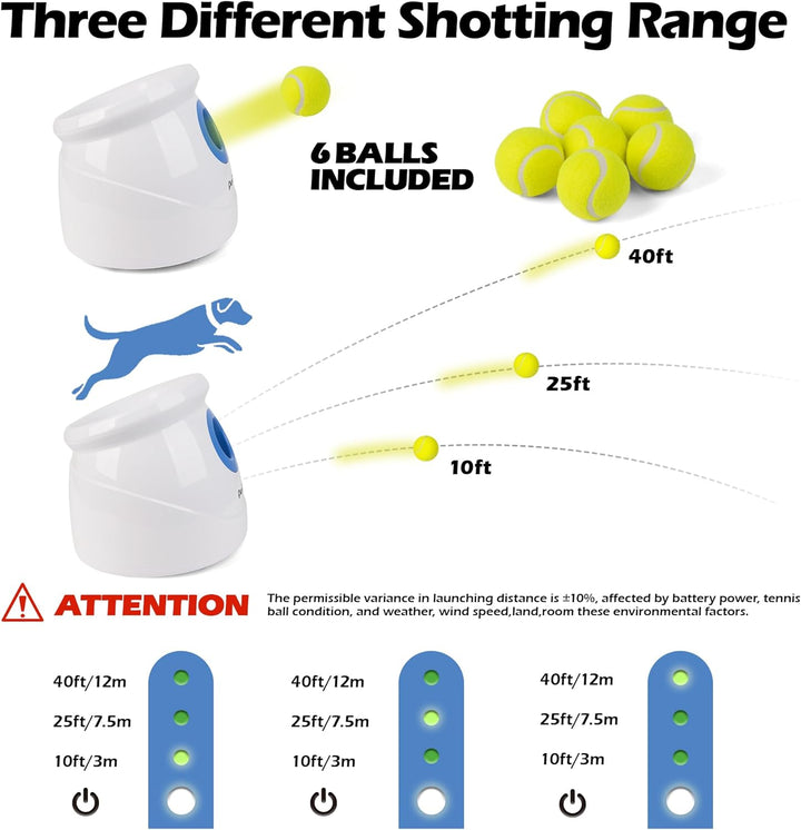 Dog Automatic Ball Launcher for Large Dogs Ball Thrower Machine Outdoor Indoor Use Interactive Dog Toy Adjustable Distance 10-40Ft - Included 6 PCS 2.5” Tennis Balls and a Whistle