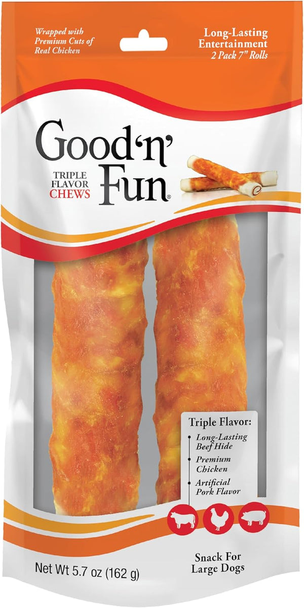 Good ‘N’ Fun Triple Flavor Chews for Large Dogs, Treat Your Dog to Long-Lasting Chews Made with Beef Hide, Chicken and Artificial Pork Flavor, 2 Count
