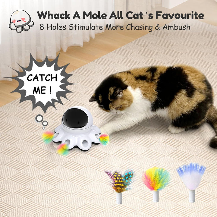 Cat Laser Toy, 2-In-1 Interactive Automatic Motion Activated Moving 8 Holes Whack a Mole Feather, USB Rechargeable Electronic Smart Sensor Kitten Toys for Indoor Exercise