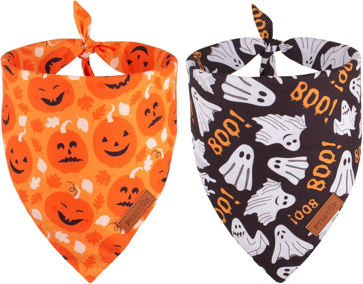 Halloween Dog Bandana, Ghost Pumpkin Design Reversible Holiday Dog Scarf, Triangle Halloween Bandanas for Medium Large Dogs Pets (Large)