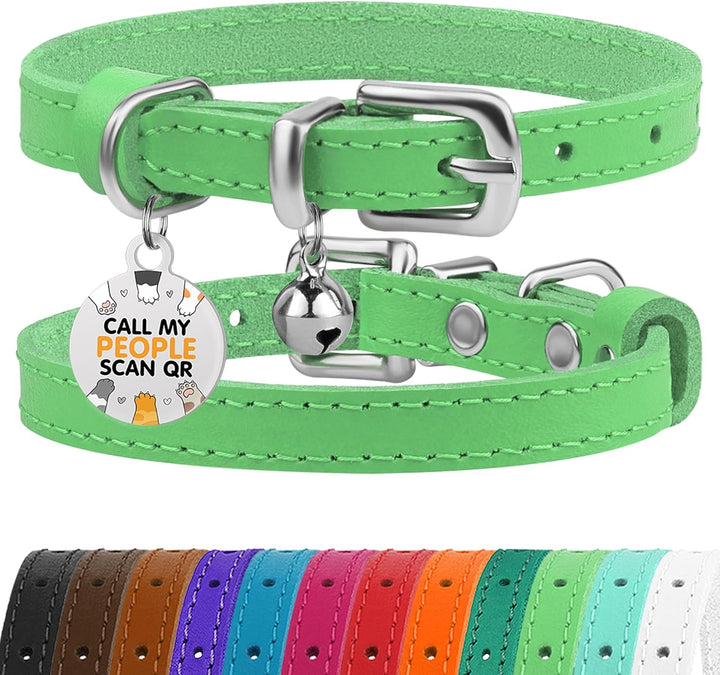 Leather Cat Collar with Removable Bells Non Breakaway Kitten QR Tag for Girl Boy (7" - 9" for Cats, Black & Gold)