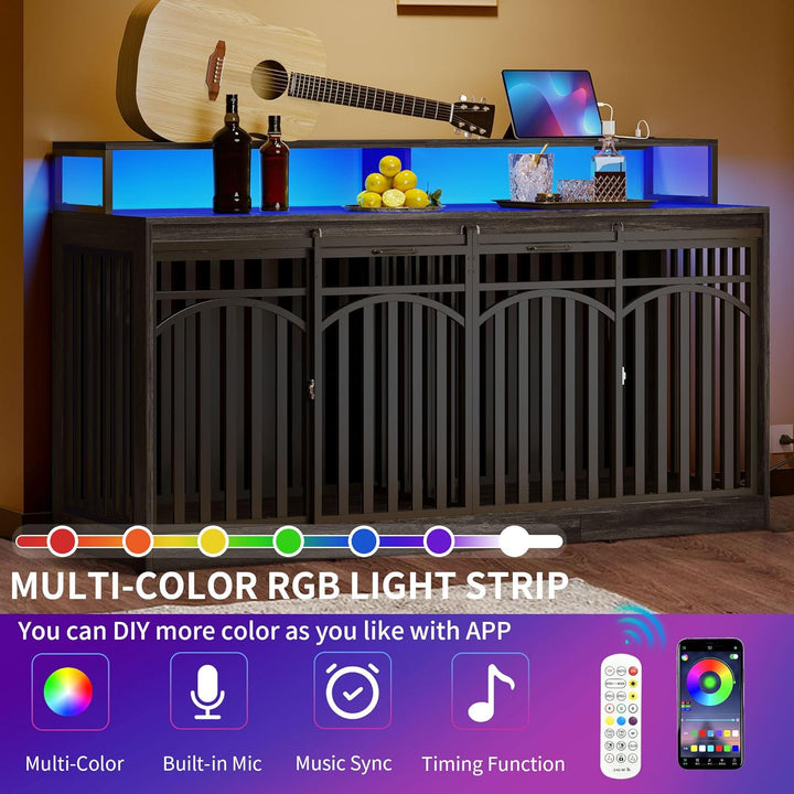 71" Double Dog Crate Furniture with LED Light & Power Outlets, Heavy Duty Dual Dog Kennel TV Stand W Storage Shelves Sliding Doors, Wooden Two Dog Cage Table 2 Medium Large Dogs, Black Oak