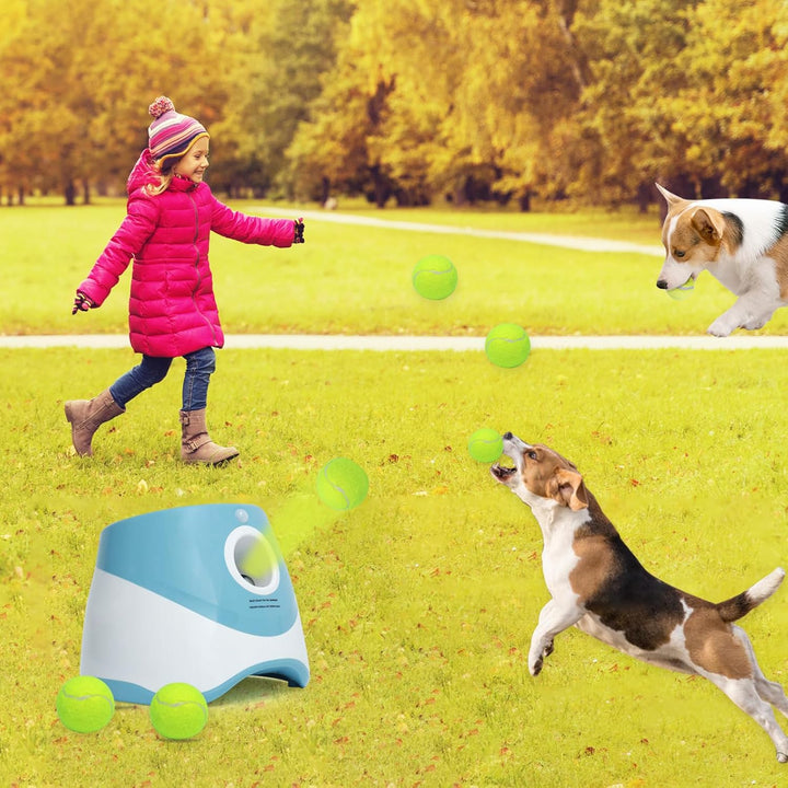 Dog Ball Thrower Launcher for Small and Middle Dogs, Automatic Ball Launcher with 3 Adjustable Distance 10-30Ft, Interactive Dog Toys Included 9 Mini Tennis Balls (2"), Blue