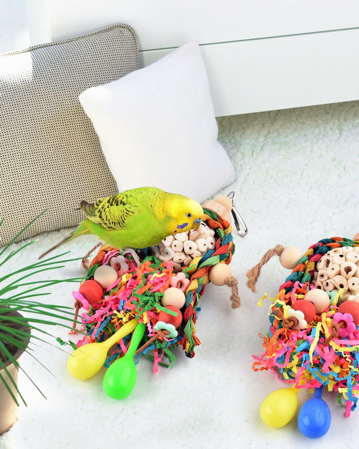 Conure Toys, 2PCS Bird Parrot Foraging Shredder Hanging Toys Sola Balls with Sand Hammer for Small Parrots Parakeets Conures Cockatiels Love Birds Cage Toy