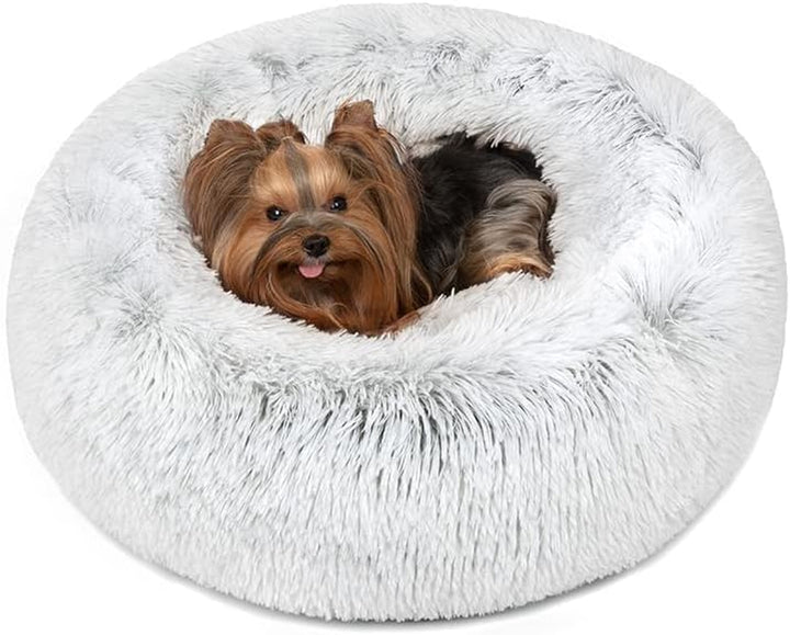 Donut Dog Bed Faux Fur Fluffy Calming Sofa for Medium Dogs, Soft & Plush anti Anxiety Pet Couch for Dogs, Machine Washable Coco Pet Bed with Non-Slip Bottom, 30"X30"X7" Ivory