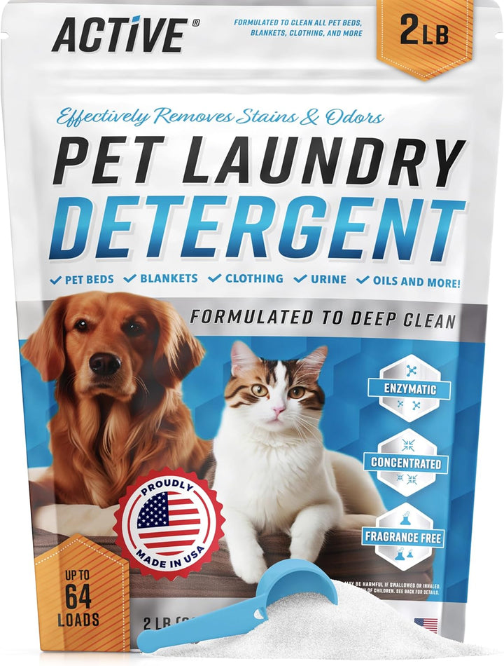 Pet Laundry Detergent Odor Remover -  Enzyme Based Powder Detergent for Dogs Beds, Cat Pee, HE Washer Friendly Natural Enzymatic Deodorizer, Urine, Smell, Dog Drool, Stain Eliminator - 64 Loads