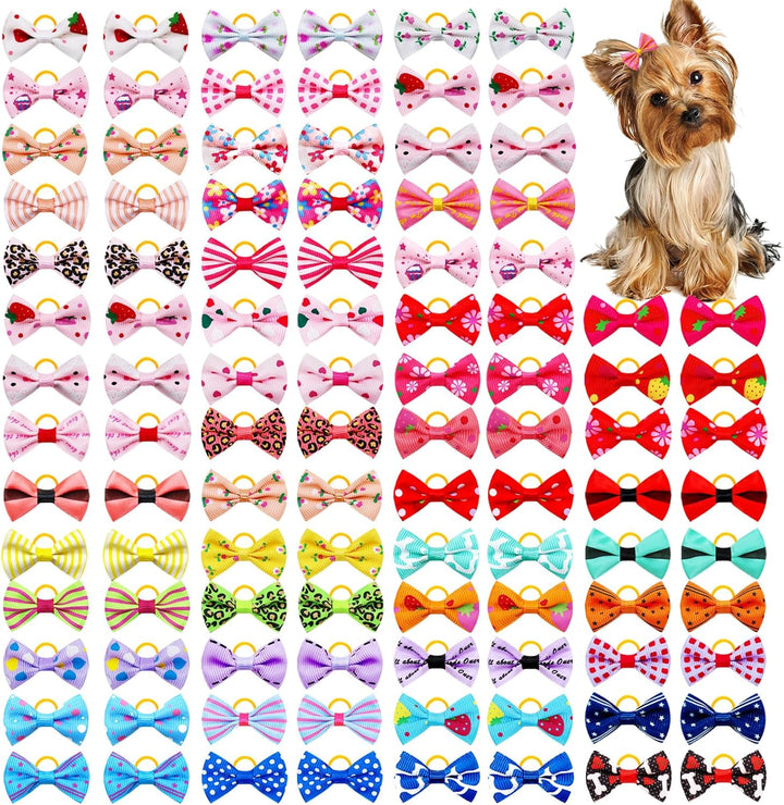 100PCS Cute Puppy Dog Small Bowknot Hair Bows,Yorkie Doggie Bows with Rubber Band Pet Grooming Bows Dog Hair Costume Accessories for Small Dog