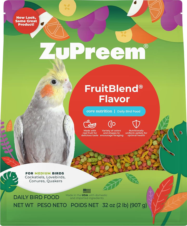 Fruitblend Bird Pellets, Daily Bird Food for Cockatiel, Lovebird, Quaker, Small Conure, Lorikeet, Core Nutrition for Medium Birds, Cockatiel Pellets, Conure Food (M, 2 Lbs)