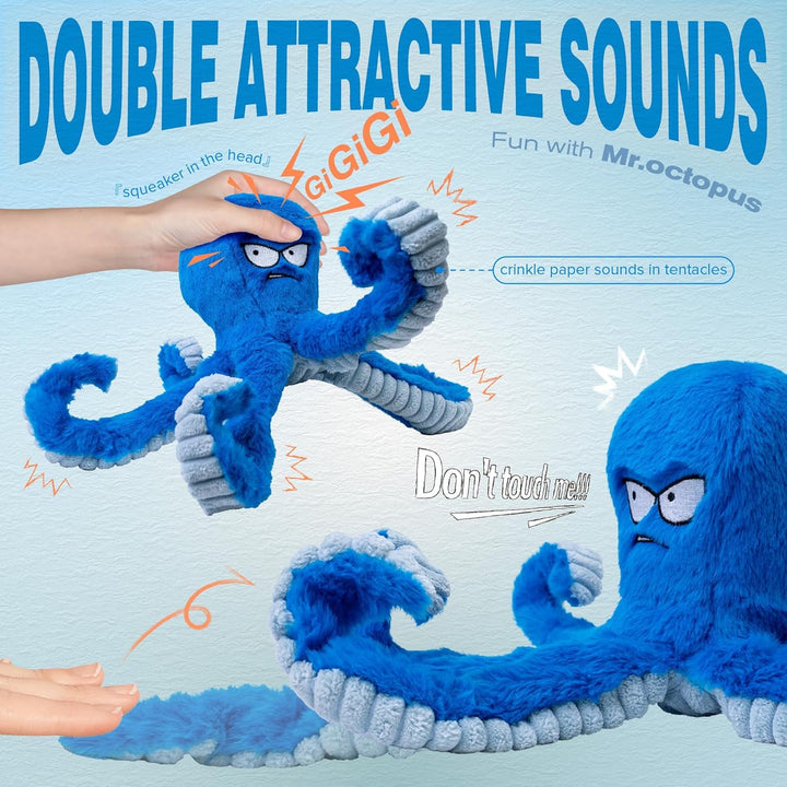 Tough Dog Toys, Stuffed Chew Large Dog Toys to Keep Them Busy, Interactive Squeaky Tug of War Doggie Toy, Crinkle Blue Octopus