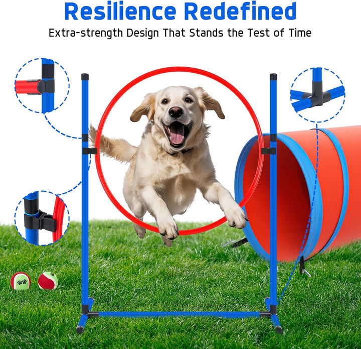 Dog Agility Course Backyard Set Dog Agility Equipment Obstacle Course Backyard Includes Adjustable High Hurdle,6 Weave Poles,Extended Tunnel,Jump Ring,Square Pause Box,2 Balls,Whistle,2 Carrying Bags