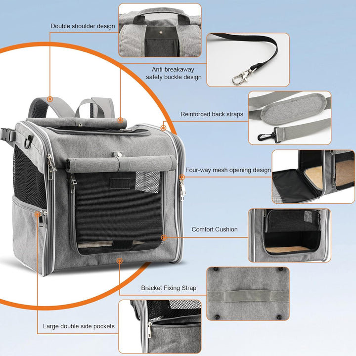 Dog Basket for Bike, Suitable for Small & Medium Pet up to 7 Kg, Foldable 4-In-1 Pet Bike Basket, Crossbody, Shoulder and Car Seat, with Sturdy Bracket and 4 Mesh Windows, Gray