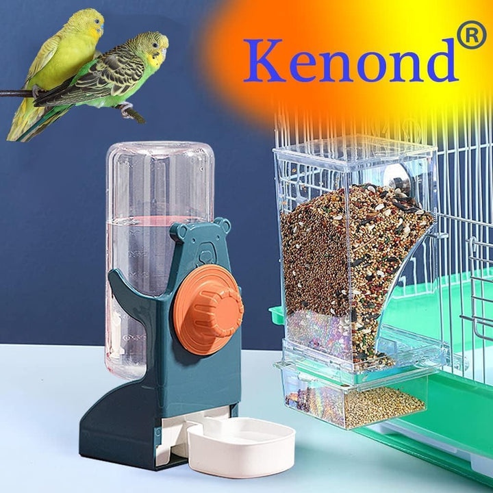 No Mess Bird Feeder Water Dispenser Set, Automatic Parrot Feeder Cage Accessories, Clear Parakeet Seed Container Food Drinker for Cage, Cockatiel Finch Lovebirds Budgies Canary (Blue)