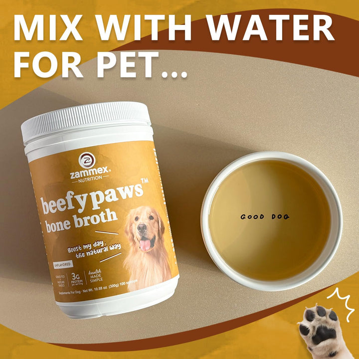 Grass-Fed Beef Bone Broth Protein Powder for Dogs & Cats - Joint & Bone Support, Healthy Fur Enhancer, Pet Food Topper for Dry & Wet, 10.58Oz