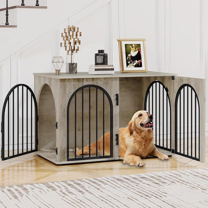 31.5'' Wooden Dog Crate Furniture, Indoor Dog Kennel Dogs Cage for Small/Medium Dogs, Heavy Duty Dog Crates Decorative Pet House End Side Table TV Stand, White Brown DFC85114B