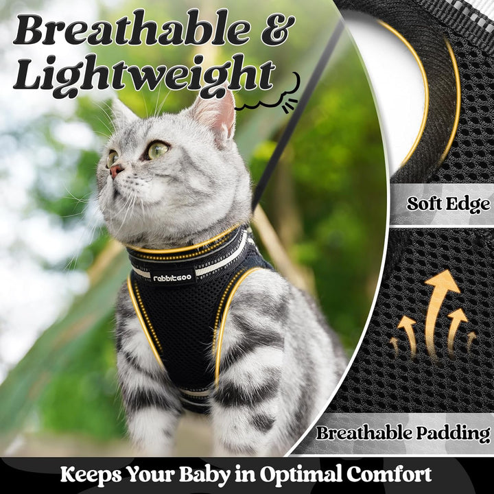 Cat Harness and Leash Set for Walking Escape Proof, Adjustable Soft Kittens Vest with Reflective Strip for Cats, Comfortable Outdoor Vest, Black, S