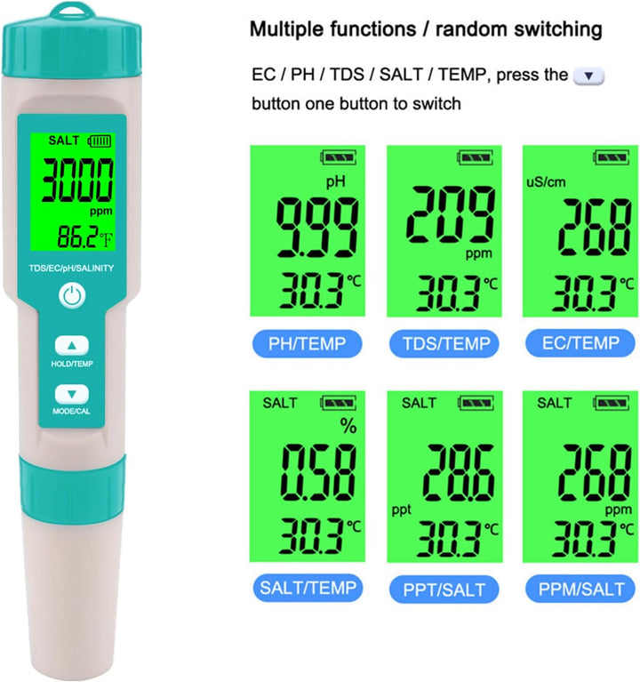 Aquarium Salt Tester -Pool Salt Tester, Versatile 5 In1 Salinity, PH, TDS, EC, and Temperature Meter, Digital Salinity Tester for Saltwater Aquarium, Accurate Salinity Meter,Green