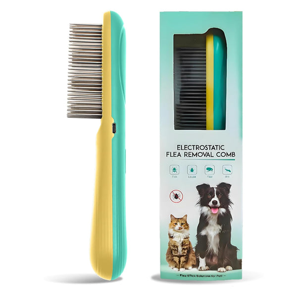 Premium Flea Comb for Dogs & Cats with Long Hair - 3-Row Stainless Steel Detection Tool with Manual Cleaning Brush | Electric Negative Ion Grooming Comb for Shaggy Dogs, Cats and Long-Haired Animals