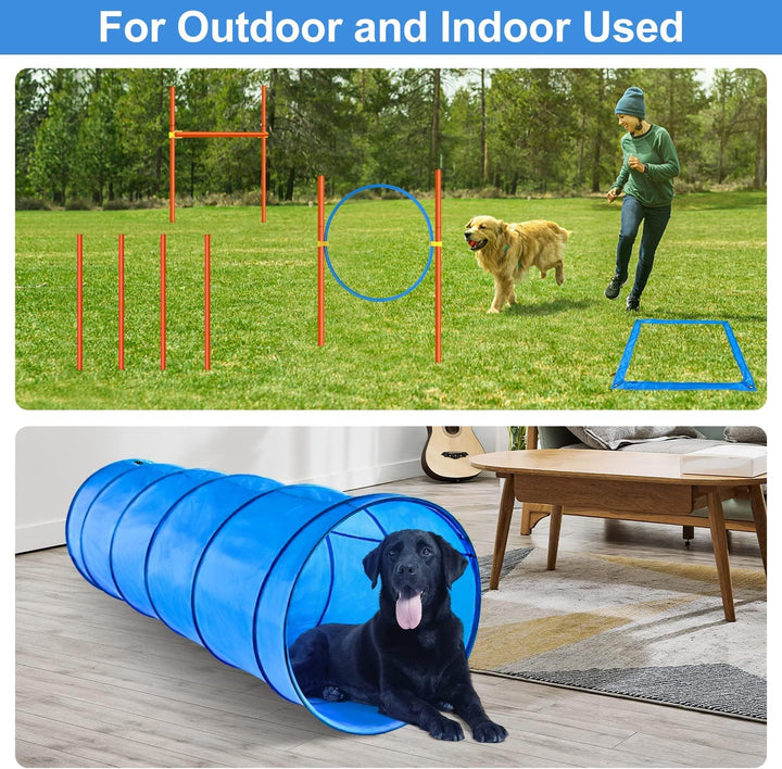 Dog Agility Course Backyard Set, Dog Obstacle Course Training Starter Kit Pet Outdoor Game with Tunnel, Agility Hurdle, Weave Poles, Jump Ring, Pause Box, Collapsible Dog Bowls and Storage Bag