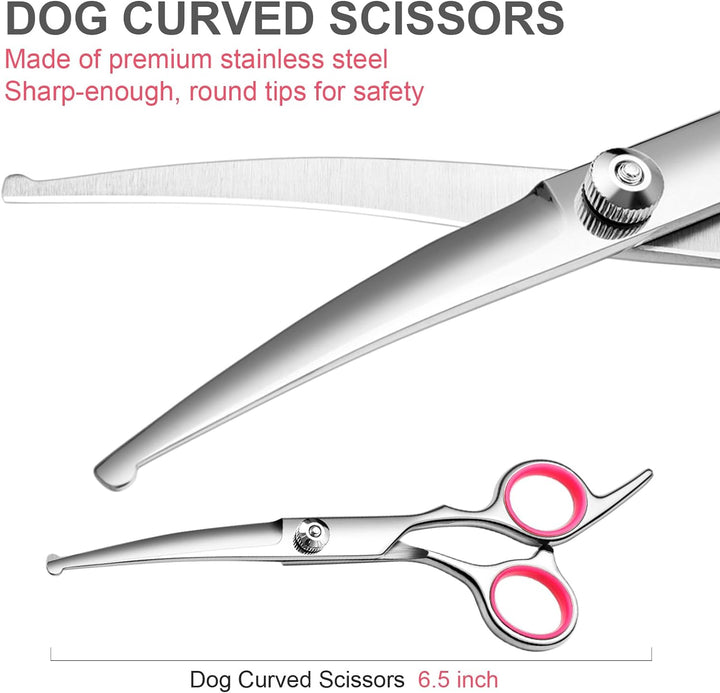 Dog Grooming Scissors with Safety round Tips Stainless Steel Professional Dog Grooming Kit - Thinning, Curved Scissors and Comb for Cat Pet (Pink 4 in 1)
