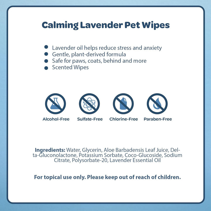 Pet Wipes for Dogs - Dog Wipes Cleaning Deodorizing, for Coats, Ears, Paws - Calming Lavender, Aloe Vera, 100 Count