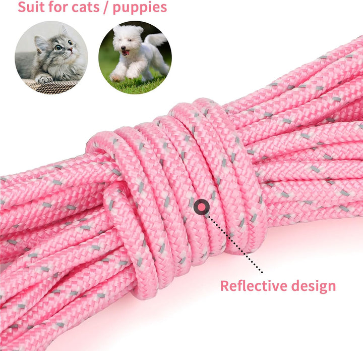 Reflective Cat Long Leash 15 FT Escape Proof Walking Leads Yard Long Leashes Durable Safe Personalized Extender Leash Traning Play Outdoor for Kitten, Puppy, Rabbit and Small Animals(Pink-S)