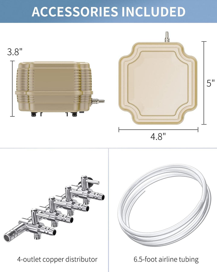 254 GPH Aquarium Air Pump Adjustable Quiet Oxygen Aerator Pump with Multi-Port Air Flow Control Lever Valve Splitter and Airline Tubing for Fish Tanks Ponds and DWC Systems up to 300 Gallons