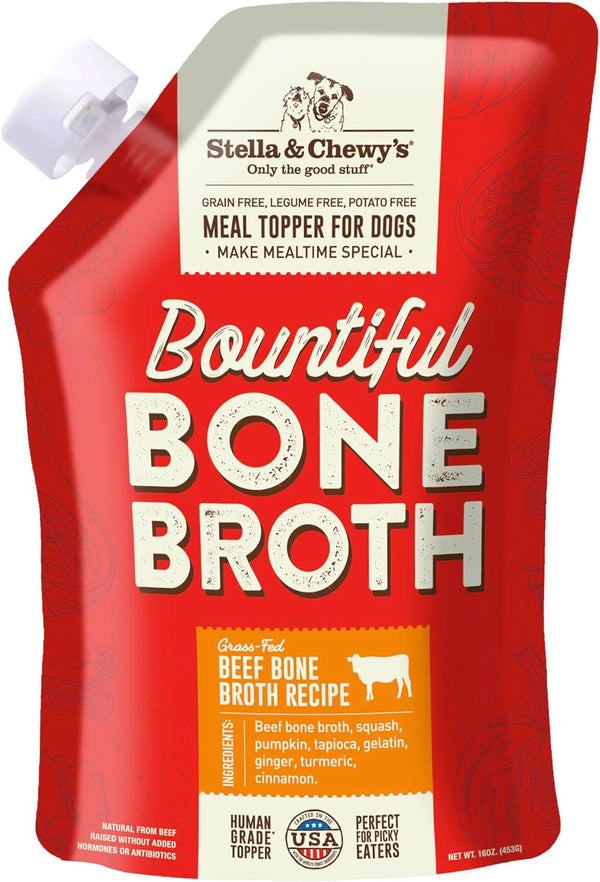Human-Grade Grass-Fed Beef Bone Broth for Dogs - Joint & Gut Health Liquid Food Topper with Collagen & Turmeric, 16 Fl Oz Resealable Pouch