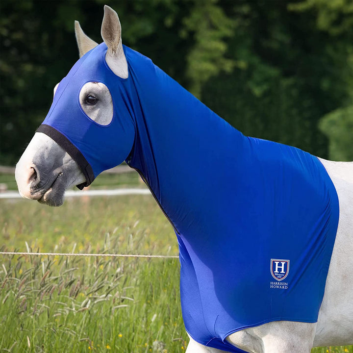 Horse Stretch Hood without Ears Snug Fitting Hood with Zip Closure Covers Face, Shoulders, Mane, Chest and Withers Perfect for Show/Event Preparation - Blue
