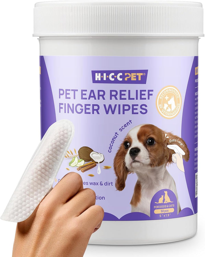 Dog Ear Finger Wipes, Ear Cleaner Wipes for Dogs & Cats, Dog Ear Infection Treatment to Relief Itching & Inflammation, Remove Wax, Dirt & Stop Smelly, Non-Irritating, 50Ct(Coconut Scent)