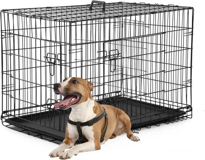 Dog Crate for Small Dogs 24 Inch Folding Metal Wirepet Cage Double Door W/Divider Panel Indoor Outdoor Kennel Leak-Proof Plastic Tray,Black