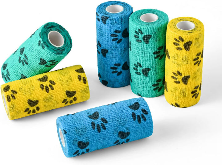 Pet Wrap, Self-Adhesive, Only Sticks to Itself, Non-Woven Tape for Dog Legs, Paws, Wounds, First Aid Cohesive Gauze for Horse, Cat, Bird, Animal, 6 Rolls, 2 Inch, Pawprints A