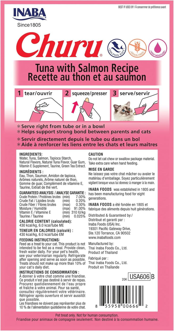 Churu Cat Treats, Grain-Free, Lickable, Squeezable Creamy Purée Cat Treat/Topper with Vitamin E & Taurine, 0.5 Ounces Each Tube, 4 Tubes, Tuna with Salmon Recipe