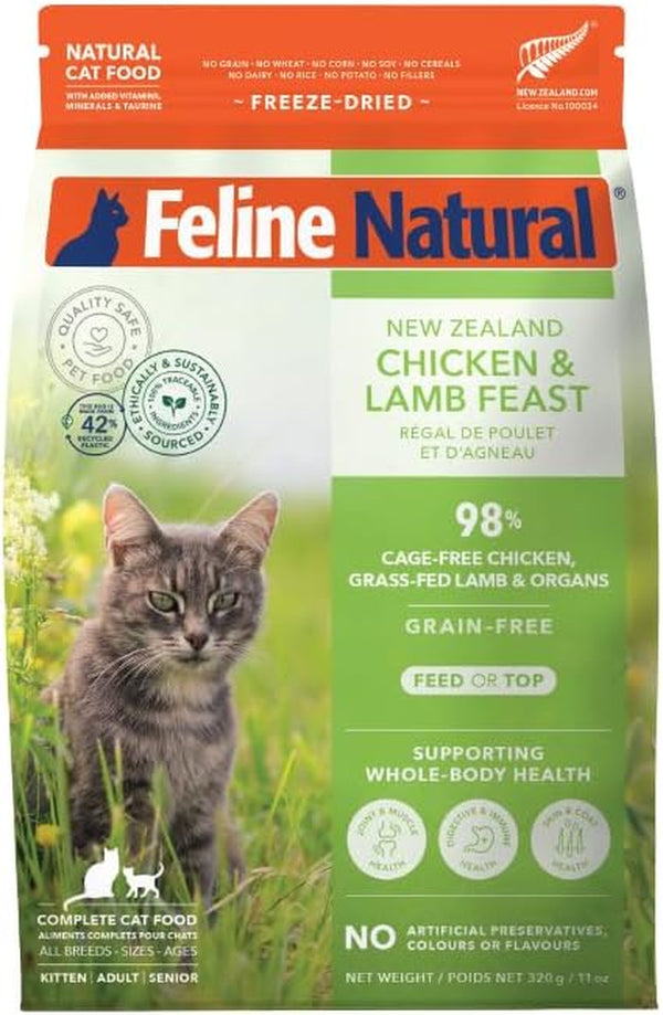 High Protein Dry Cat Food, Freeze-Dried Diet with 98% Meat, Organs & Seafood, No Peas, Grains, or Artificial Additives, Made in New Zealand, Chicken & Lamb, 11Oz
