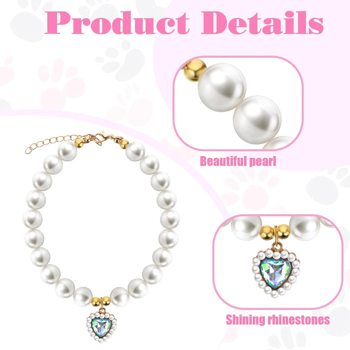 2 Pcs Adjustable Cat Dog Pet Pearl Collar Small Heart Shape Jewelry Necklace Adjustable Neck Strap Wedding Birthday Party Jewelry Accessories Fancy Pet Dress Collar for Puppy Small Cats