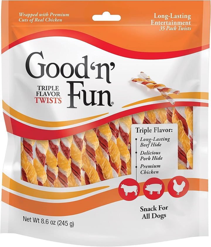 Good ‘N’ Fun Triple Flavor Twists for All Dogs, 70 Count, Treat Your Dog to Long-Lasting Chews Made with Beef Hide, Pork Hide and Chicken