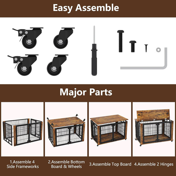 90% Pre-Assembled 41" Moveable XL Dog Crate, Large Dog Crate Furniture with Top-Access Teasing/Feeding Doors, Chew-Resistant Dog Kennel Indoor Furniture for Medium and Large Dogs