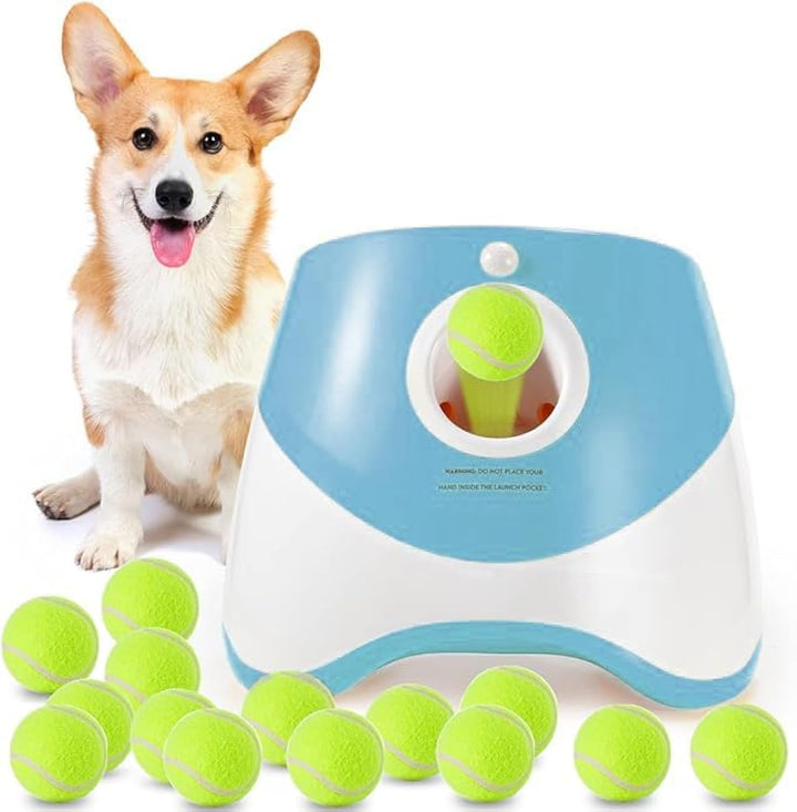 Automatic Dog Ball Launcher, Dog Ball Thrower with 15 Mini Tennis Balls Sizing 2 Inch and Mesh Bag, Interactive Dog Toys Tennis Ball Launcher for Small Dogs with 3 Distance Settings