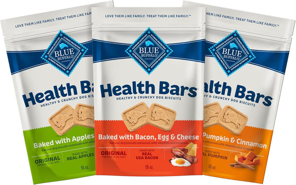 Health Bars Crunchy Dog Biscuits, Variety Pack, Bacon, Egg & Cheese, Apple & Yogurt, Pumpkin & Cinnamon, 16-Oz Bags