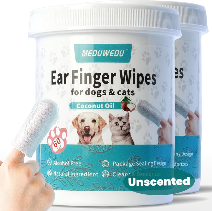 Ear Cleaner Finger Wipes 60 Counts, Dog Ear Cleaner, Grooming Kit Care for Dogs and Cats, Soft & Easy Otic Cleaning Pads, Remove Wax, Dirt & Stop Smelly, Itchy, Non-Irritating, Coconut Scent