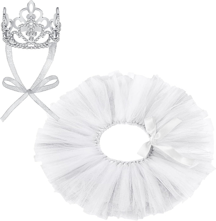 2 Pcs Dog Crown Headband Dog Tutu Dress Set Crystal Rhinestone Tiara Crown Tutu Skirt Pet Dress Costume for Puppy Birthday Party Wedding Photo Prop Costume(X-Large,Rose Red, White)