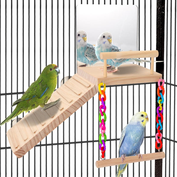 bird Perch Platform Bird Toys with Bird Mirror Climbing Ladder Swing, Parakeet Cage Accessories - for Cockatiels, Lovebirds, Budgies,Pacific Parrotlets,Finch,Canaries - Wooden Play Gym
