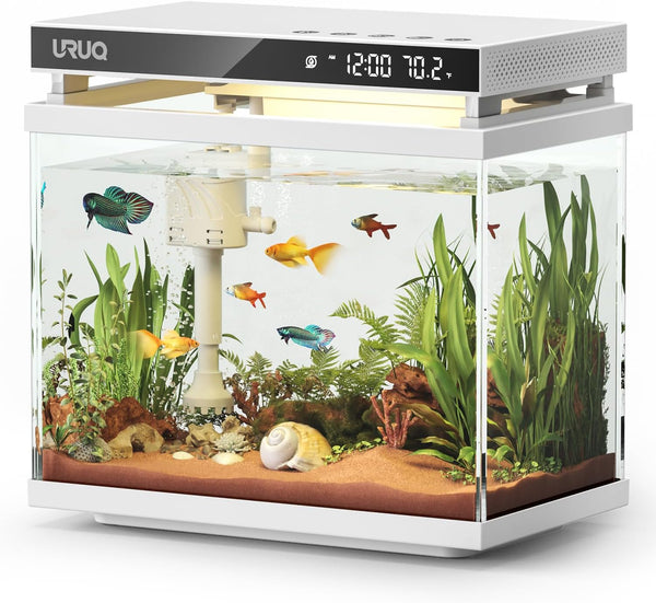 Fish Tank Smart Aquarium Kit: 2 Gallon UHD Glass Silent Water Pump Self Cleaning Multi-Layer Filtration System - Temperature Sensing 7-Color Lighting for Small Fish Betta Kids Room Desktop Decor White