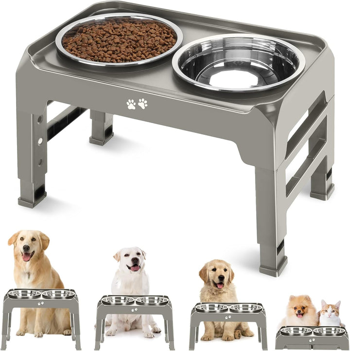 Elevated Dog Bowls, 4 Height Adjustable Raised Bowl Stand with 2 Thick 50Oz Stainless Steel Food Bowls Non-Slip Feeder Adjusts to 3.7'', 9.2'', 10.75'', 12.36'' Black, (DB-W01)
