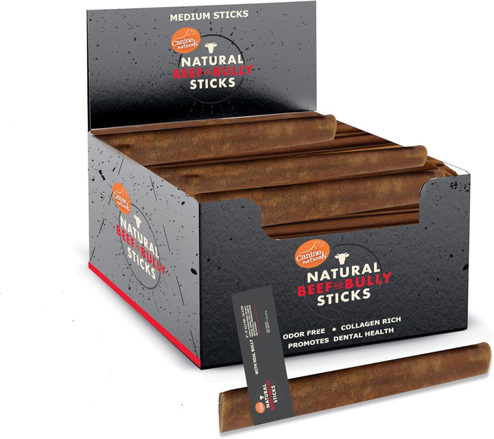 | Natural Beef & Bully Sticks | Long-Lasting, Odor Free, High Protein Chews Made with 100% Real Bully | 4 Count Medium Sticks