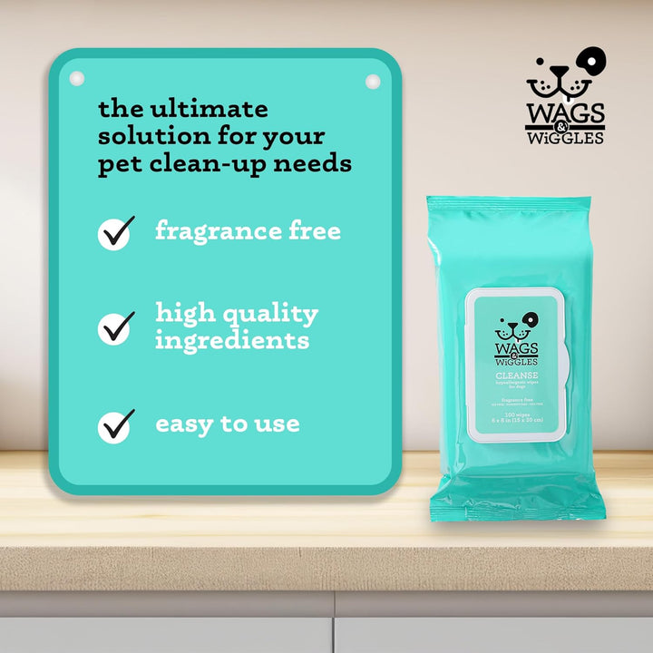 Cleanse Hypoallergenic Wipes 100Ct | Hypoallergenic Dog Wips 100 Count Package, Fragrance Free | Waterless Bathing to Keep Pets with Sensitive Skin Clean (FF22031)