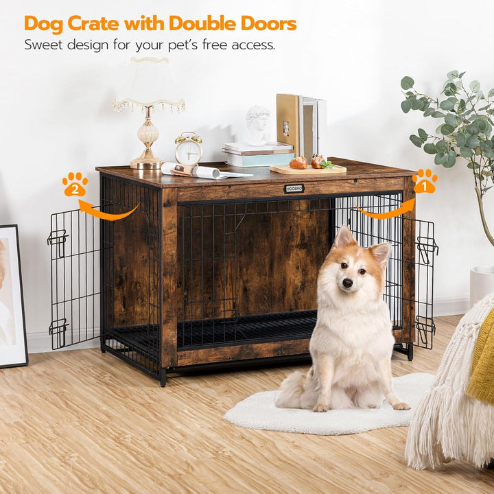 Dog Crate Furniture, 38.6" Large Dog Kennel Indoor, Wooden Cage with Pull-Out Tray, Double Doors Pet House Side End Table for Large/Medium/Small Dogs, Rustic Brown BF982GW03G1