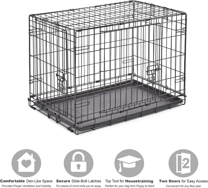 Double Door Folding Metal 30-Inch Dog Crate, Enhanced Security, Includes Leak-Proof Pan & Divider Panel, for Medium-Sized Breeds