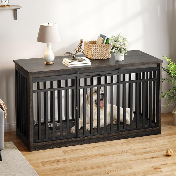 71" Double Dog Crate Furniture with LED Light & Power Outlets, Heavy Duty Dual Dog Kennel TV Stand W Storage Shelves Sliding Doors, Wooden Two Dog Cage Table 2 Medium Large Dogs, Black Oak